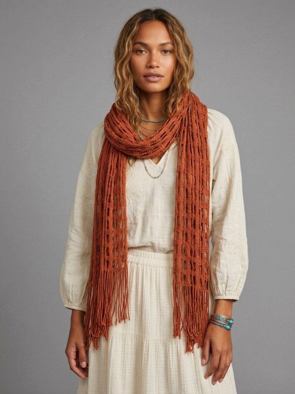 Rust Orange Grid Texture Open Weave Fringe Scarf Lightweight Boho Shawl Wrap
